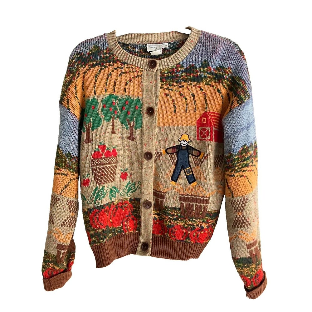 VTG 80s Sweater Loft NY Fall Autumn Orchard Pumpkins Novelty Small USA